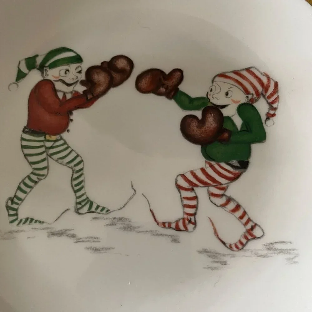 Restoration Hardware Christmas Naughty Elf 6 Salad Plates Boxed RARE Vintage